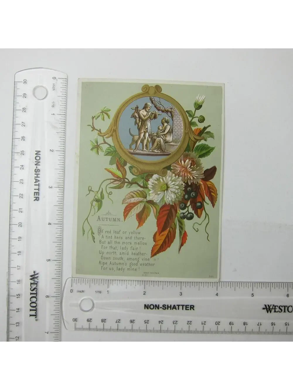 Victorian Greeting Card Autumn Fall Flowers Roman Man Woman Child Dog Antique